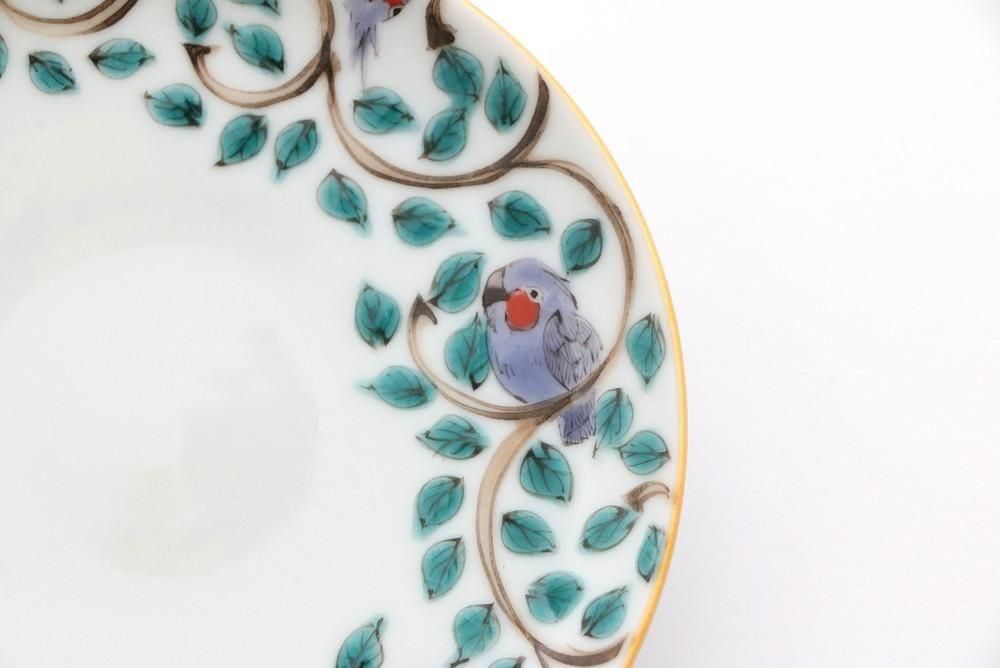 山浦早織　九谷焼　唐草 インコ　お皿　鳥柄　食器　手描き 山浦早織 九谷焼 唐草 インコ お皿 鳥柄 食器 手描き 陶芸 大皿