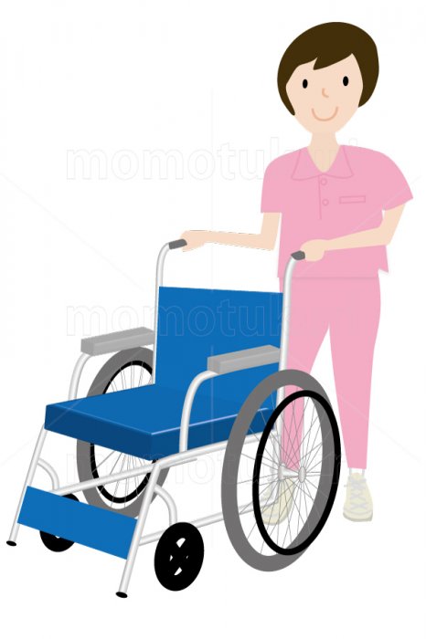 介護　　車いすを押す女性　笑顔　イラスト　（介護士）