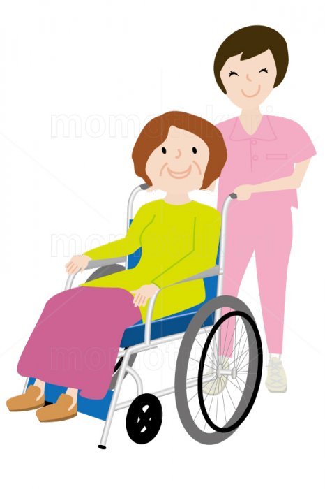 介護　　車いすを押す女性介護士   車いすに乗る女性　笑顔　イラスト　（介護士）3