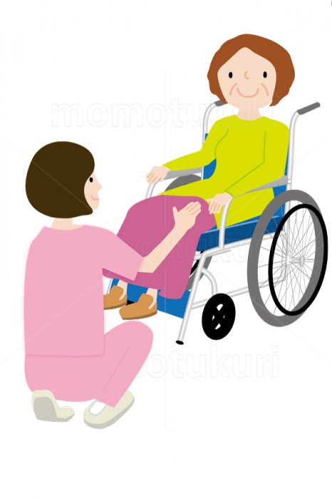 介護　　女性介護士     車いすに乗る女性　笑顔　イラスト　（介護士）4