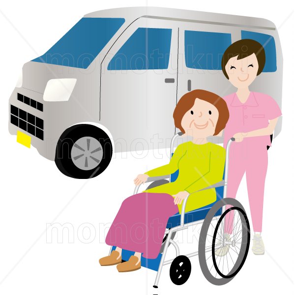 介護　　女性介護士     車いすに乗る女性　笑顔　送迎（送り迎え）