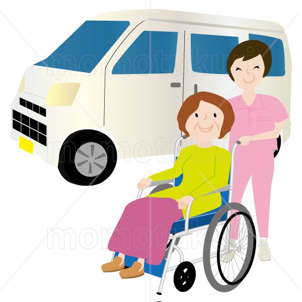 介護　　女性介護士     車いすに乗る女性　笑顔　送迎（送り迎え）　3
