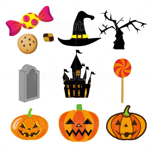 ハロウィングッズ　セット（かぼちゃ3個、お墓、ペロペロキャンディ、包みキャンディ、館、枯れ木、とんがり帽子）