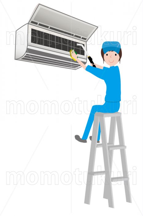 エアコン　のクリーニングをする作業風景のイラスト　女性スタッフ 2