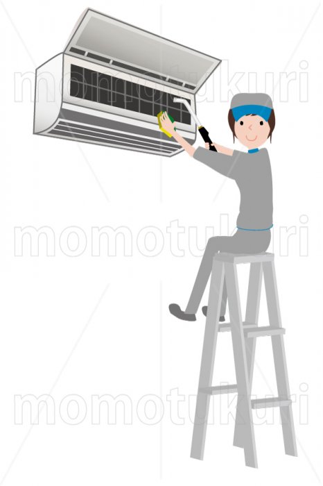 エアコン　のクリーニングをする作業風景のイラスト　女性スタッフ 3