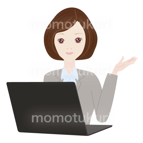 女性　パソコンで仕事をするOL　ポイント　チェック　こちら　おススメ（おすすめ）ビジネス（仕事）上半身　イラスト 　2