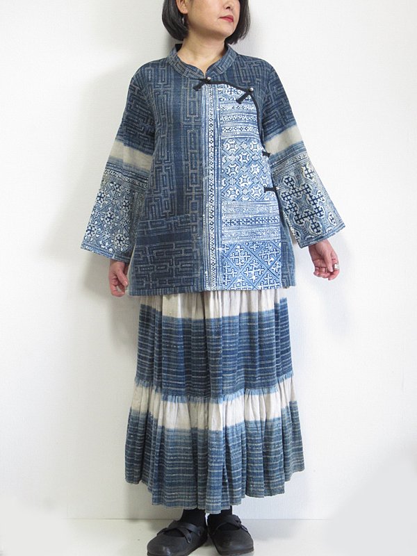 タイ モン族 ミャオ族 手織り綿 手描き藍ろうけつ染め 古布 反物 - 生地/糸