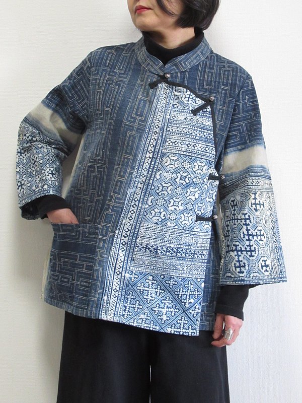 モン族藍染ろうけつ染めジャケット手織り布コットンヘンプ