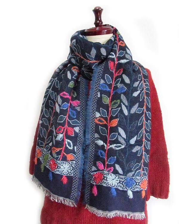 ウールコットン 手刺繍入り ジャガード織りショール NV