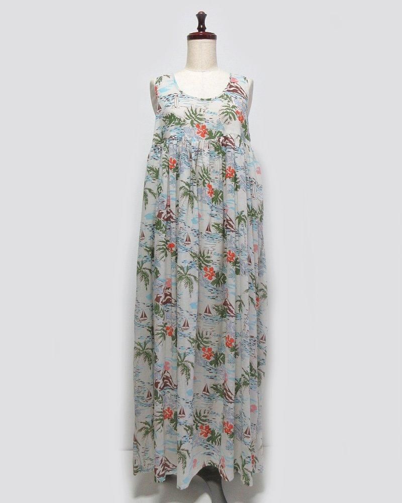 Mサイズ 物足りな グレー 木の実柄プリントマキシワンピース