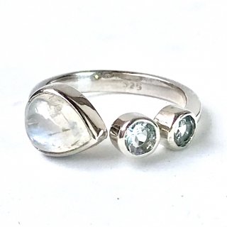 天然石指輪　ムーンストーン 涙形・アクアマリン　　フリーサイズ　シルバー９２５