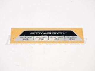 シボレー C8 コルベット スティングレー エンジンスペック銘板