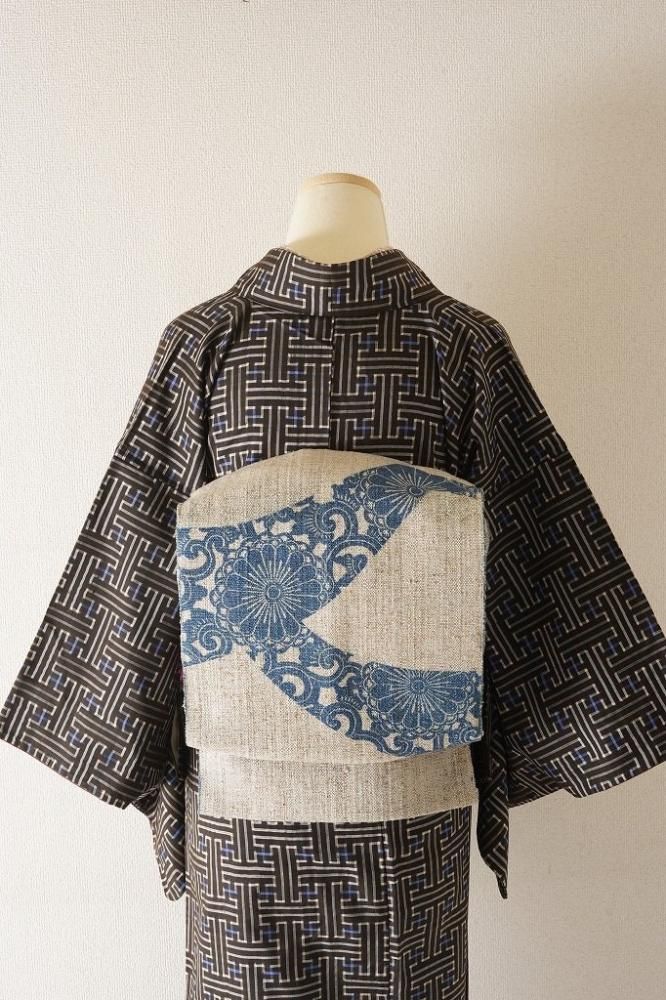 【未使用　長尺】名古屋帯　菊　唐草　縮緬　開き　帯丈376cm 帯幅30.5cm 未使用長尺】名古屋帯菊唐草縮緬開き帯丈376cm 帯幅30.5cm