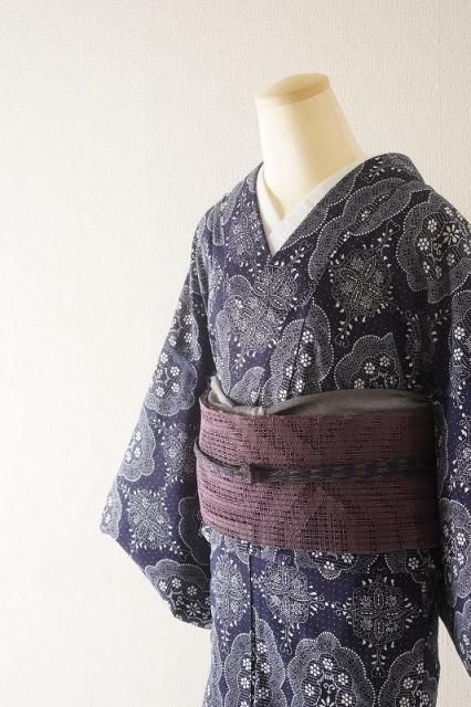紬 正絹 紫色 手の込んだ織 着物 U-4661 着物・浴衣