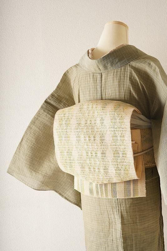 ベージュ★金箔華♥作家物☆夏帯 夏おび＞ベージュゴールドに波模様八寸名古屋帯 - いちりん