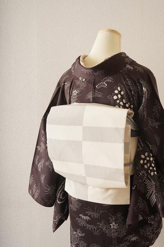 め*ん様 名古屋帯 市松 手織り紬 粋なデザイン カジュアル帯