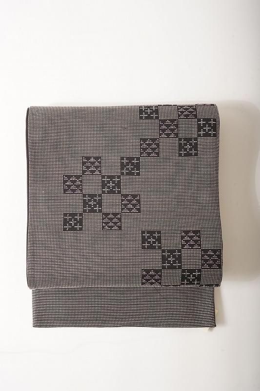 袋帯 洒落 全通 格子 紺地 逸品 銀座【L-6362】風通織り 洒落袋帯 練色×紺色 装飾横段文 - 銀座