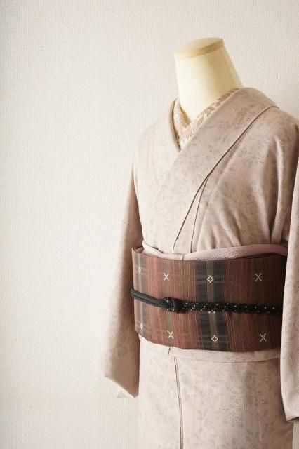 レア！キリム柄と和装の融合☆正絹　紬地　お洒落袋帯　個性的異国情緒　茶色　未使用 未使用 紬着物 十日町 キリバメ模様 Japanese kimono 絹製 日本