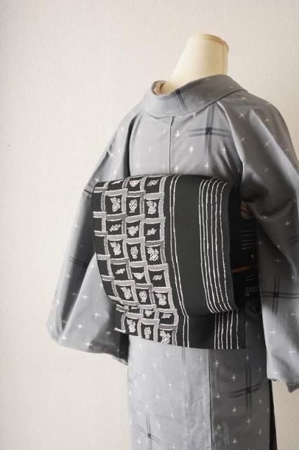 着物と帯 時流】N25755◇正絹 八寸名古屋帯◇黒色 菱文様 美品