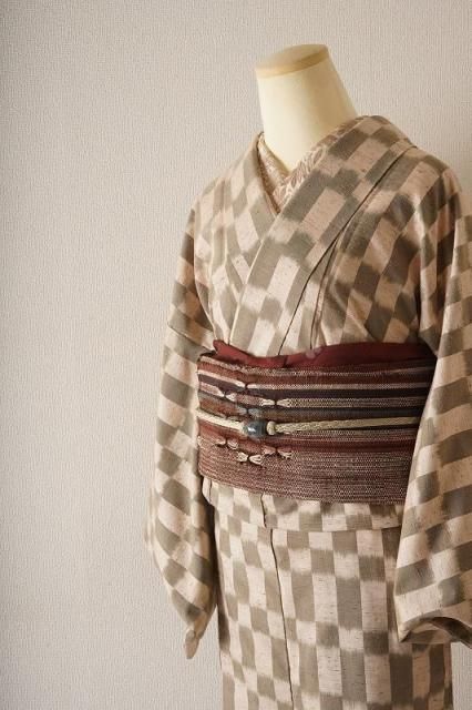 未着用 小紋 紬 チェック模様 変わり格子 モノトーン 着物 124a d 小紋