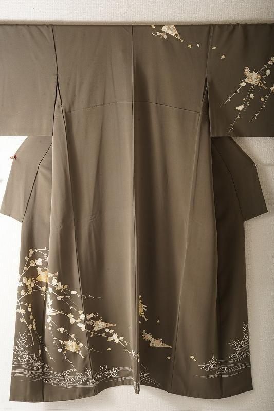 <Tall><br>海松色に扇四季草花の付け下げ