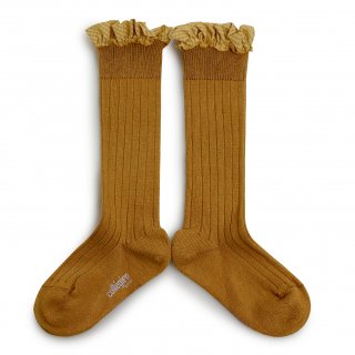 CollegienApolline Gingham Ruffle Knee High Socks - Moutarde de Dijon
