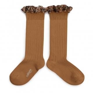 CollegienArabelle Tartan Ruffle Ribbed Knee-high Socks - Caramel