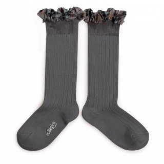 CollegienArabelle Tartan Ruffle Ribbed Knee-high Socks - Gris Galet