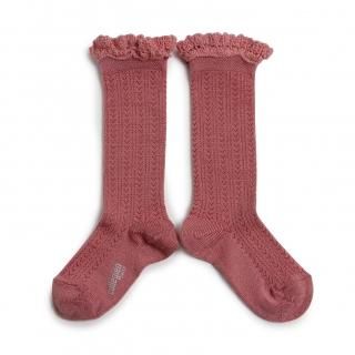 CollegienAdeline Pointelle Merino Wool Knee-high Socks with Merino Lace Trim - Rose Litchi