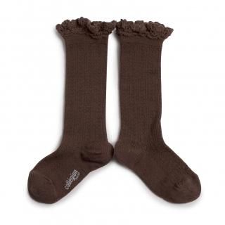 CollegienAdeline Pointelle Merino Wool Knee-high Socks with Merino Lace Trim - Chocolat au lait