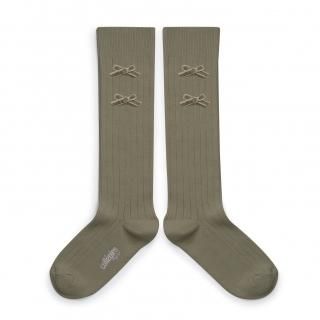 CollegienHortense Ribbed Knee-high Socks with Velvet Bows - Sauge