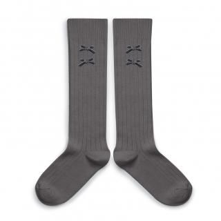 CollegienHortense Ribbed Knee-high Socks with Velvet Bows - Gris Galet