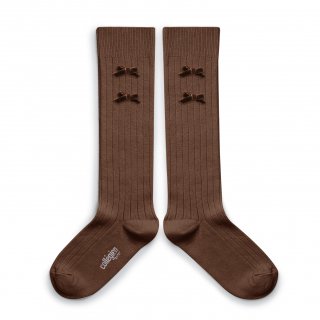 CollegienHortense Ribbed Knee-high Socks with Velvet Bows - Chocolat au lait