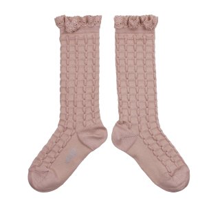Collegien「Coralie Textured Checked Knit Knee High Socks with Lace Trim - Vieux Rose」