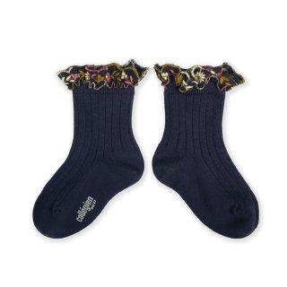 Collegien「Anémone Embroidered Ruffle Ribbed Ankle Socks - Nuit Etoilée」