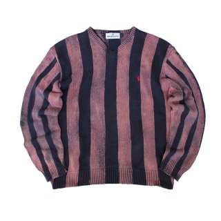 Hand Dye V-Neck Cotton Sweater_Stripe Pattern