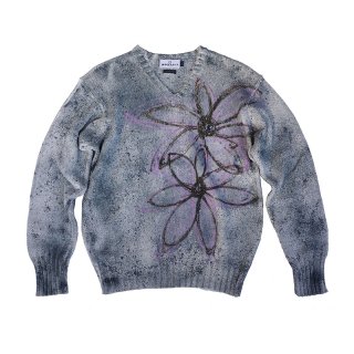 Hand Dye Flower Art V-Neck Cotton Sweater