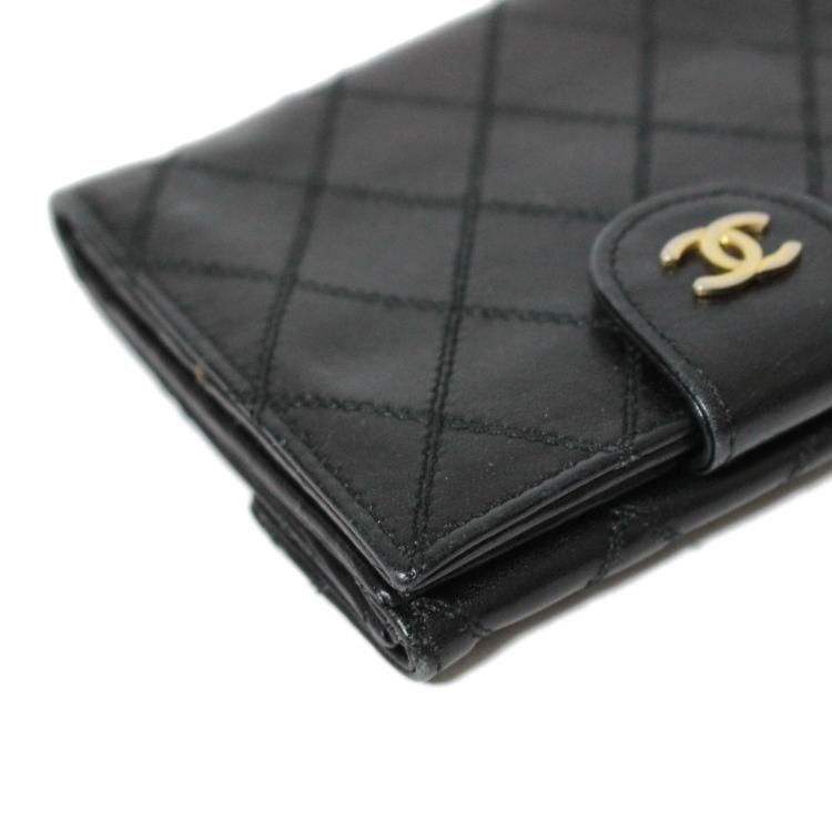シャネル 二つ折り 財布 ブラック ビコローレ キルティング ヴィンテージ CHANEL 二つ折り長財布 黒 レザー キルティング