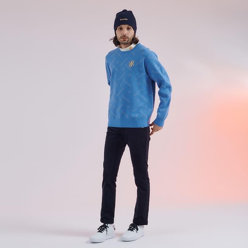 メンズ ロゴモノグラムニットプルオーバー ブルー