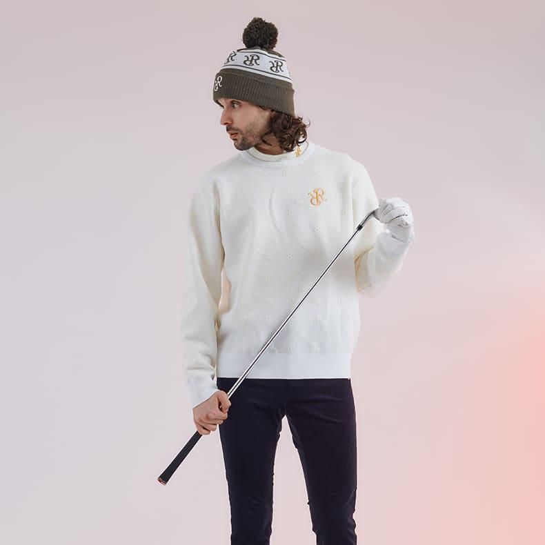 定価1万円以上引き！美品！ロゴモノグラムニットプルオーバー / ネイビー メンズ ロゴモノグラムニットプルオーバー ホワイト