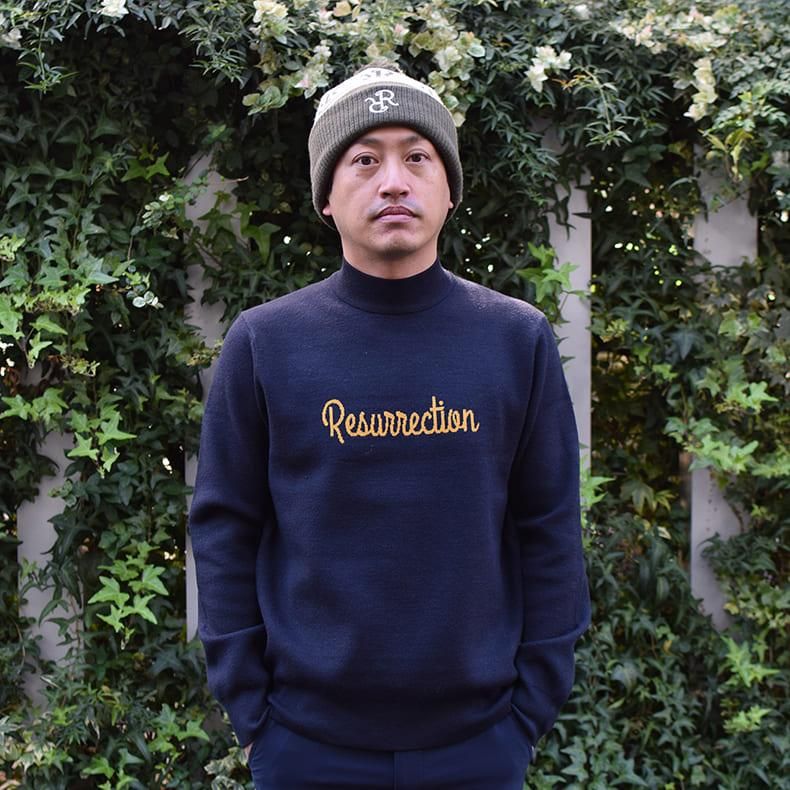 メンズ ロゴジャガードモックネックニット ネイビー | Resurrection