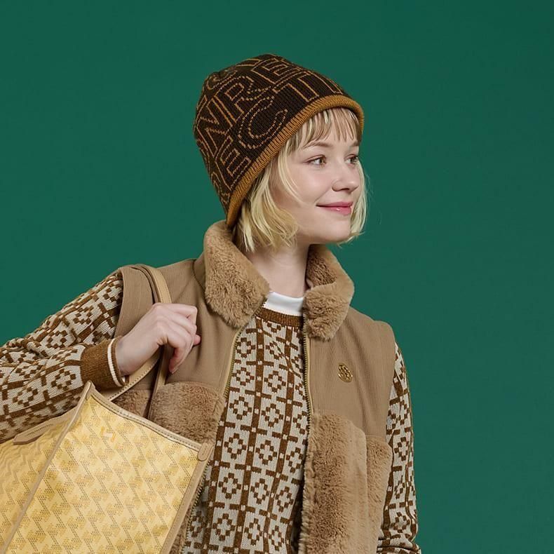 ロゴモノグラムニットビーニー ブラウン×キャメル