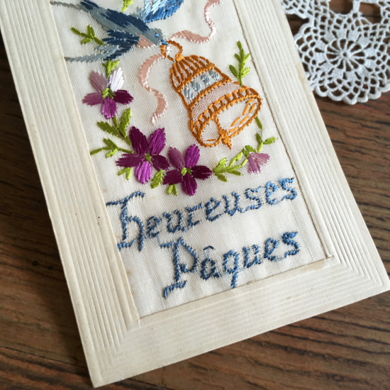 アンティーク紙 | 刺繍カード（ベルをくわえた青い鳥とすみれの
