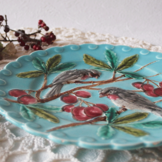 フランスアンティーク サルグミンヌ 鳥と赤い実のバルボティーヌ皿（2）