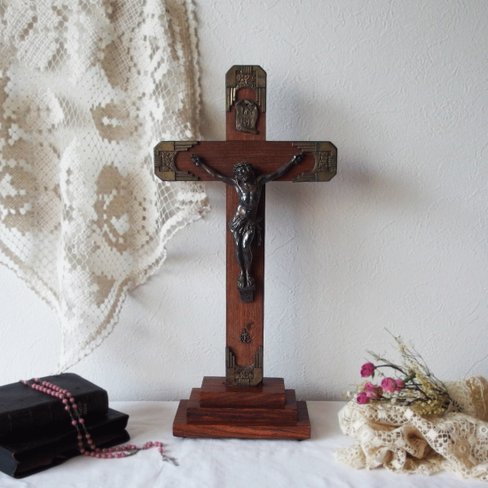 フランスアンティーク ローズウッド製十字架のオブジェ クロスのオーナメント キリスト磔刑 