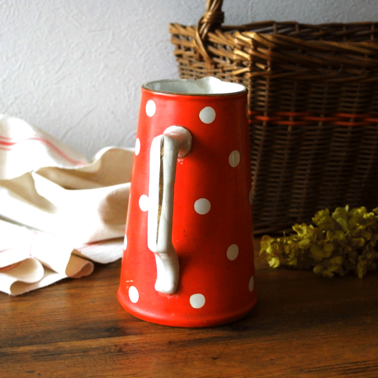 フランスアンティーク ディゴワン・サルグミンヌ 赤と白い水玉 陶器の水差し（ピッチャー）18cm