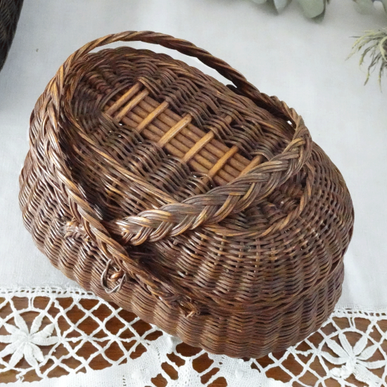 ファッションの アンティークバスケット | フランス 19世紀 ブラックパニエ 蓋 工芸品