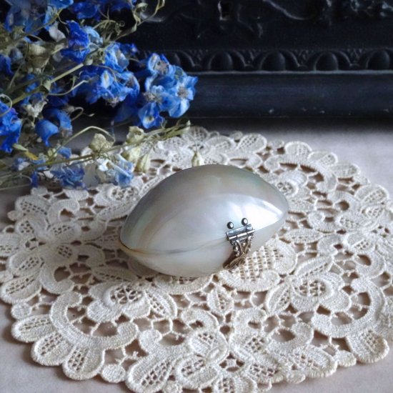 フランス 19世紀 マザーオブパールの小さなコインパース エッグ型 青いシルク シルバーの留め具付き