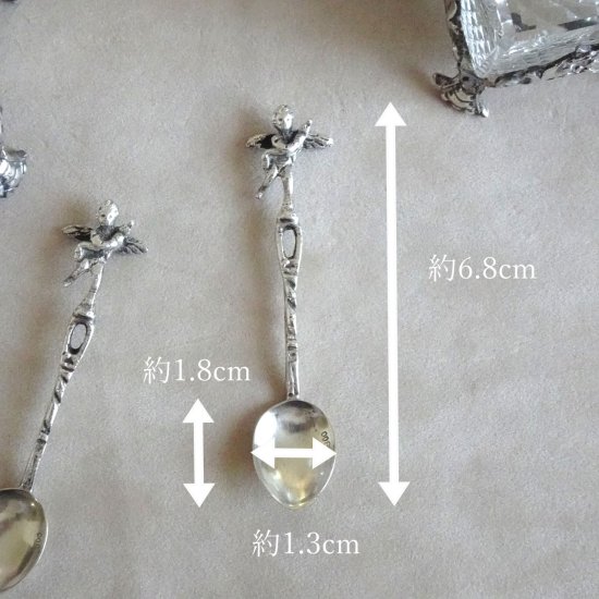 ドイツアンティーク 純銀とクリスタル  ソルト&ペッパー入れとエンジェルモチーフ 純銀ソルトスプーンのセット