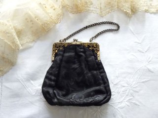 フランスアンティーク 黒いイブニングバッグ パース アールヌーボー装飾の口金 ダマスク織 
